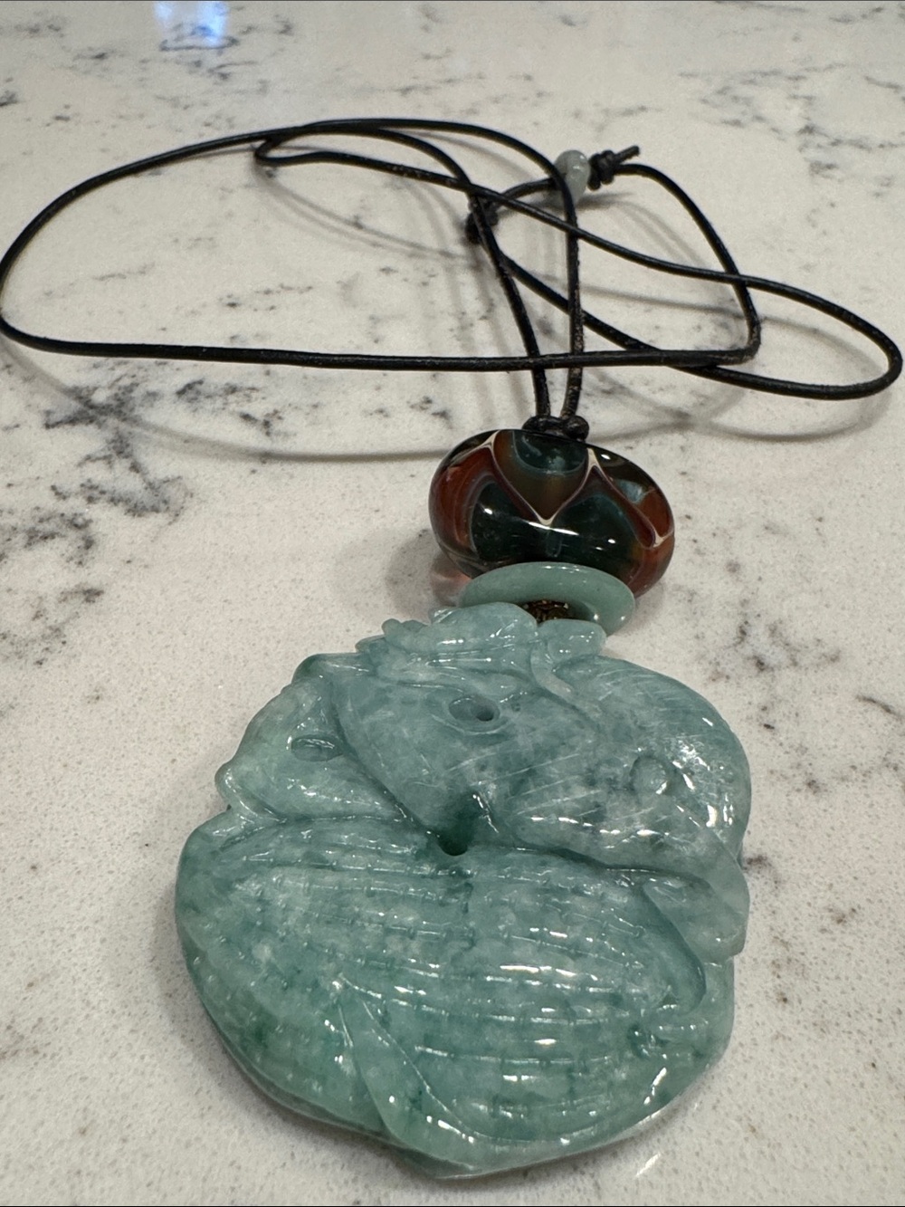 2” Green Jade Carved Pendant on cord Necklace with Bead Accent 20”